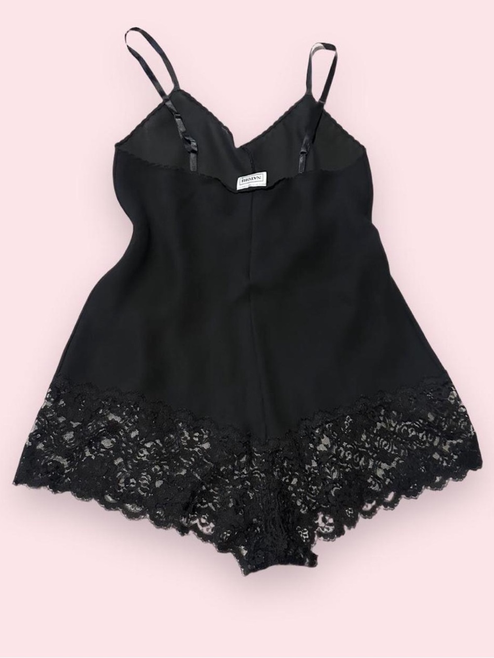 Natori Vintage Black Lace Trim Romper Bodysuit